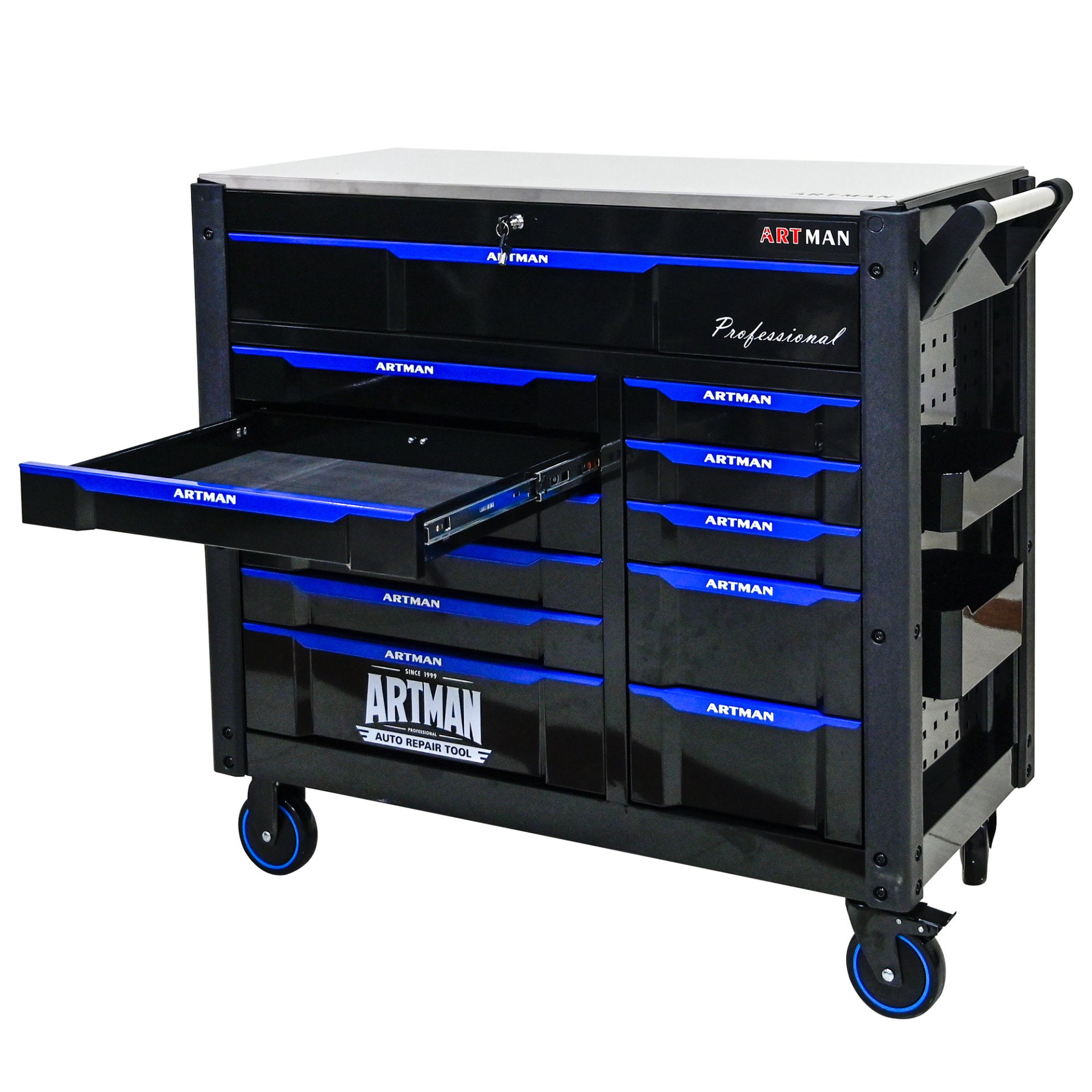 12 Layer Drawer Multi Purpose Tool Cart With Wheels And Iron Top - Black / Blue - Image 8