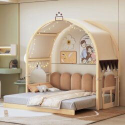 Twin Size Extended Bed With Arched Roof And Trundle - Natural