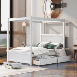 Full Size Canopy Platform Bed 2 Drawers With Support Slats, No Box Spring Needed - Brushed White