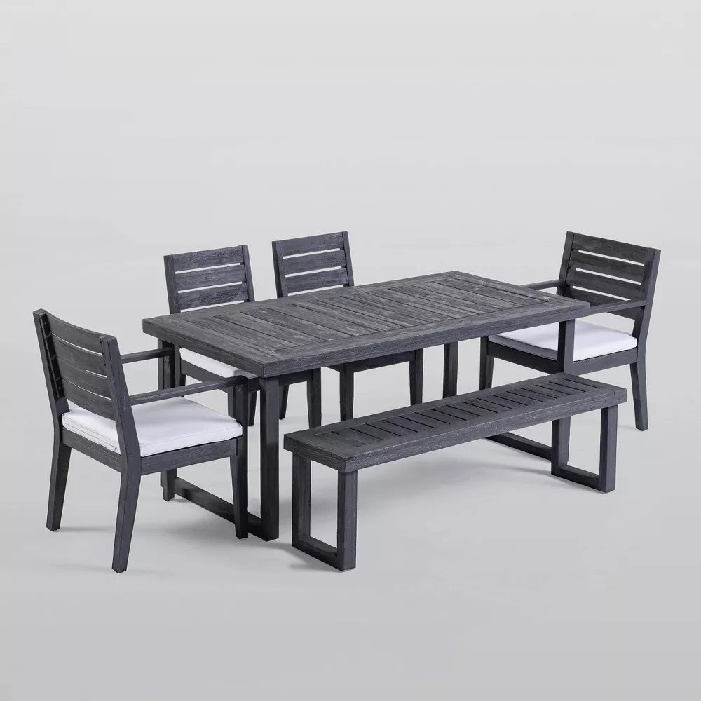 Outdoor 6 Seater Dining Set With Bench - Dark Gray / Light Gray - Image 2
