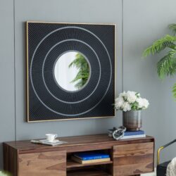 Square Carved Mirror With Pleated Design WithIron Frame, Neutral Colorway Wall Decor For Living Room Bathroom Entryway - Black