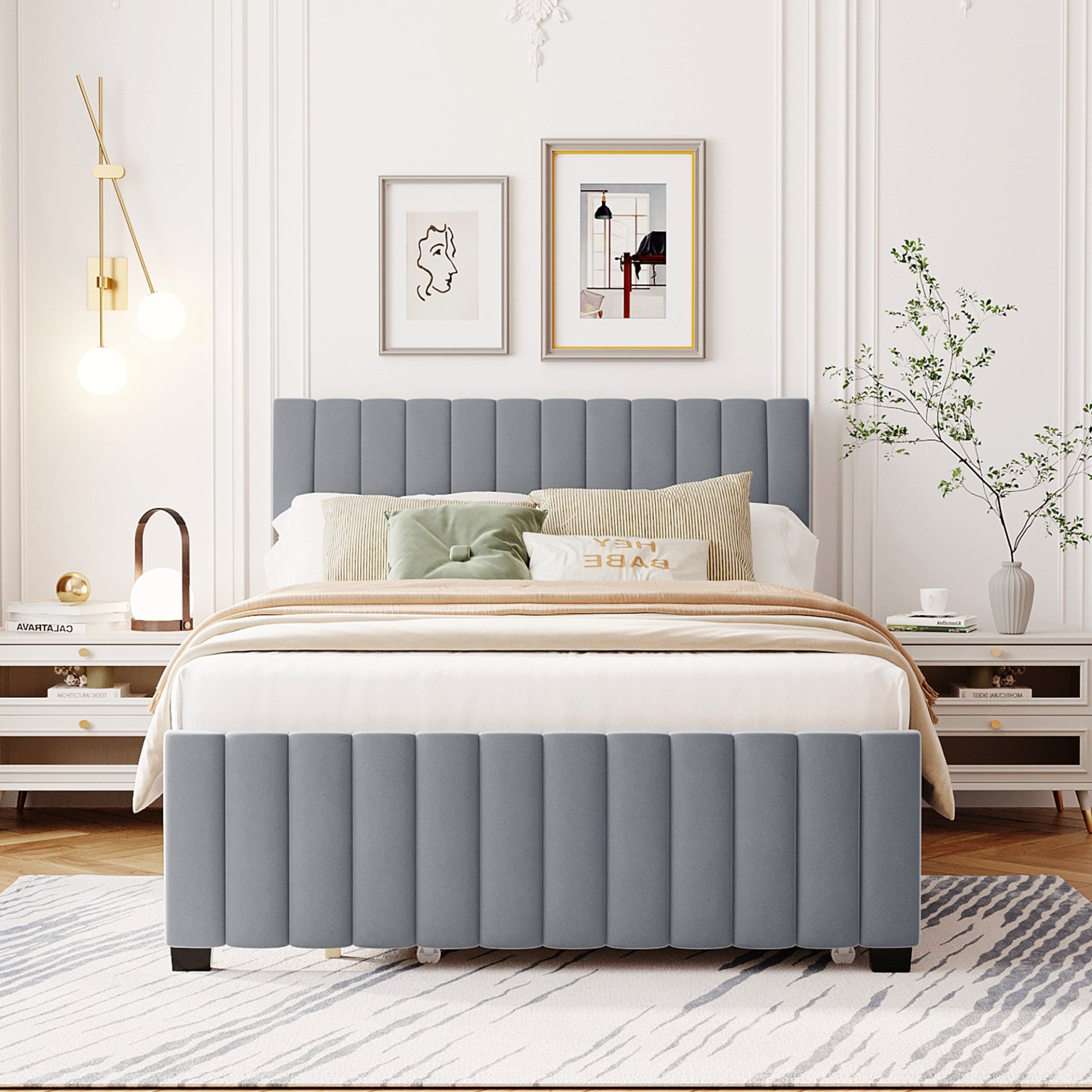 Full Size, Upholstered Platform Bed With Twin Size Trundle, Elegant Design - Gray - Image 4