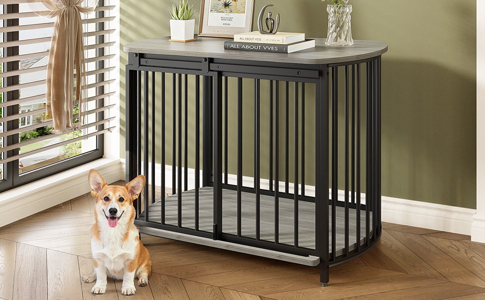Furniture Style Dog Crate For Small And Medium Dogs, Wooden Cage Indoor Kennel Furniture, Modern Dog Crate End Table With Double Doors - Gray - Image 6