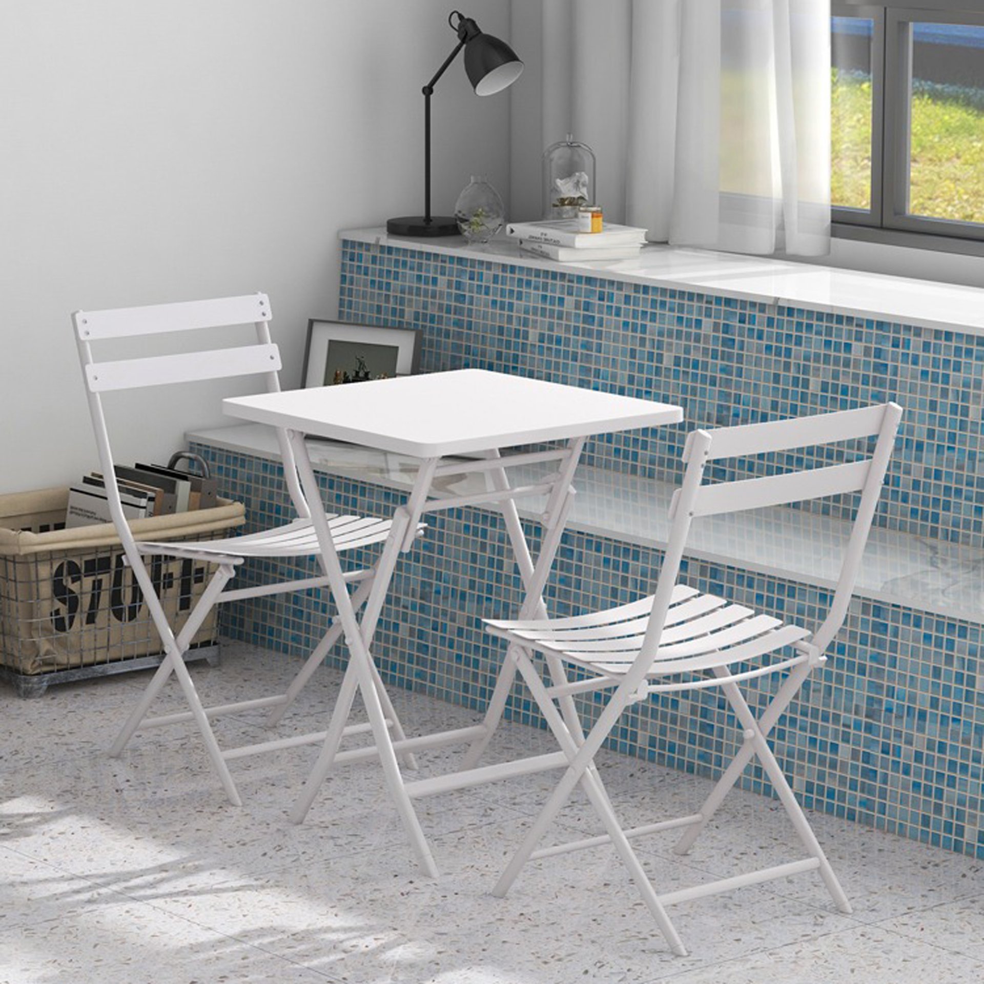 3 Piece Patio Bistro Set Of Foldable Square Table And Chairs - White - Image 15