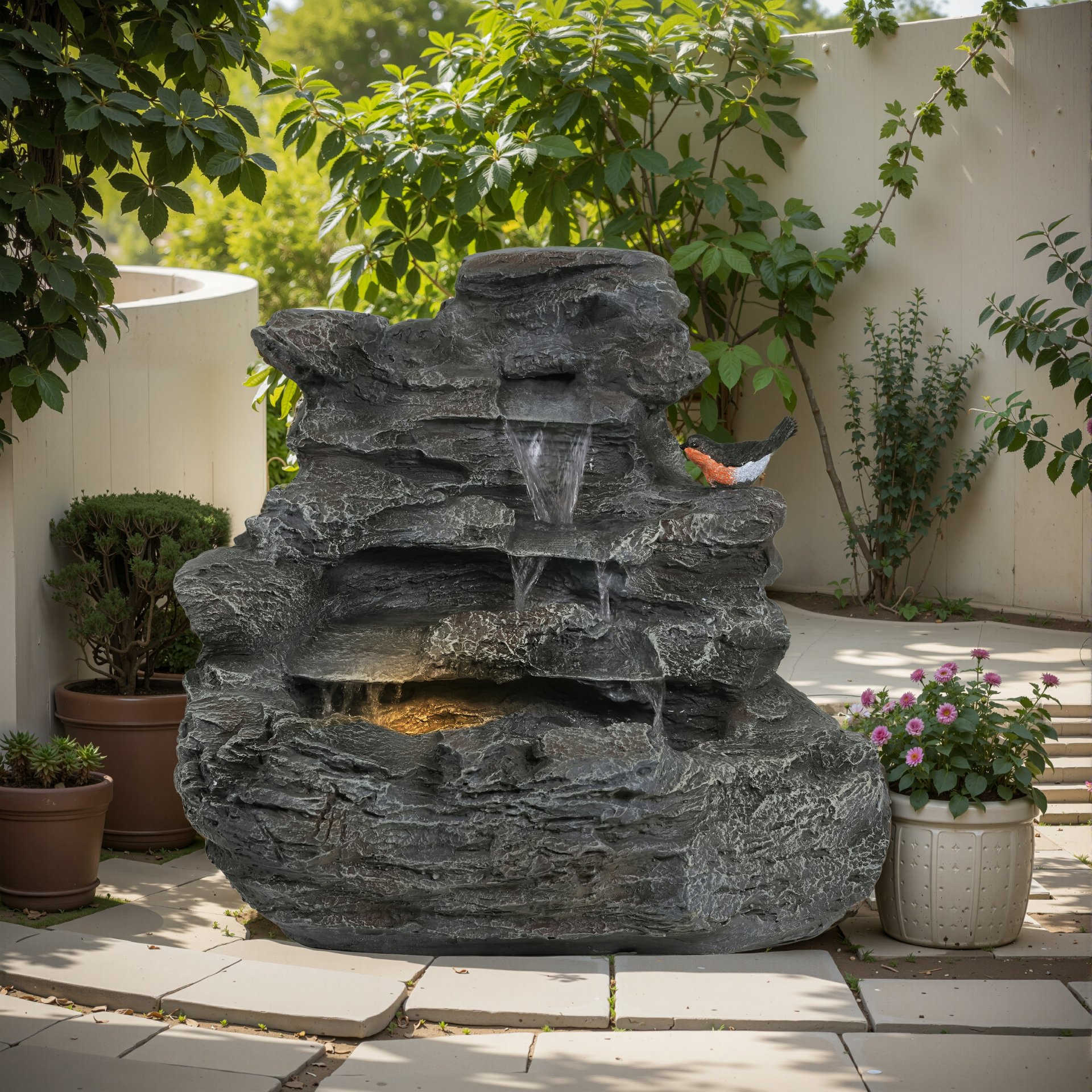 4 Tiered Rock Waterfall Fountain With LED Lights, Outdoor Garden Decor, Weather Resistant - Gray - Image 2