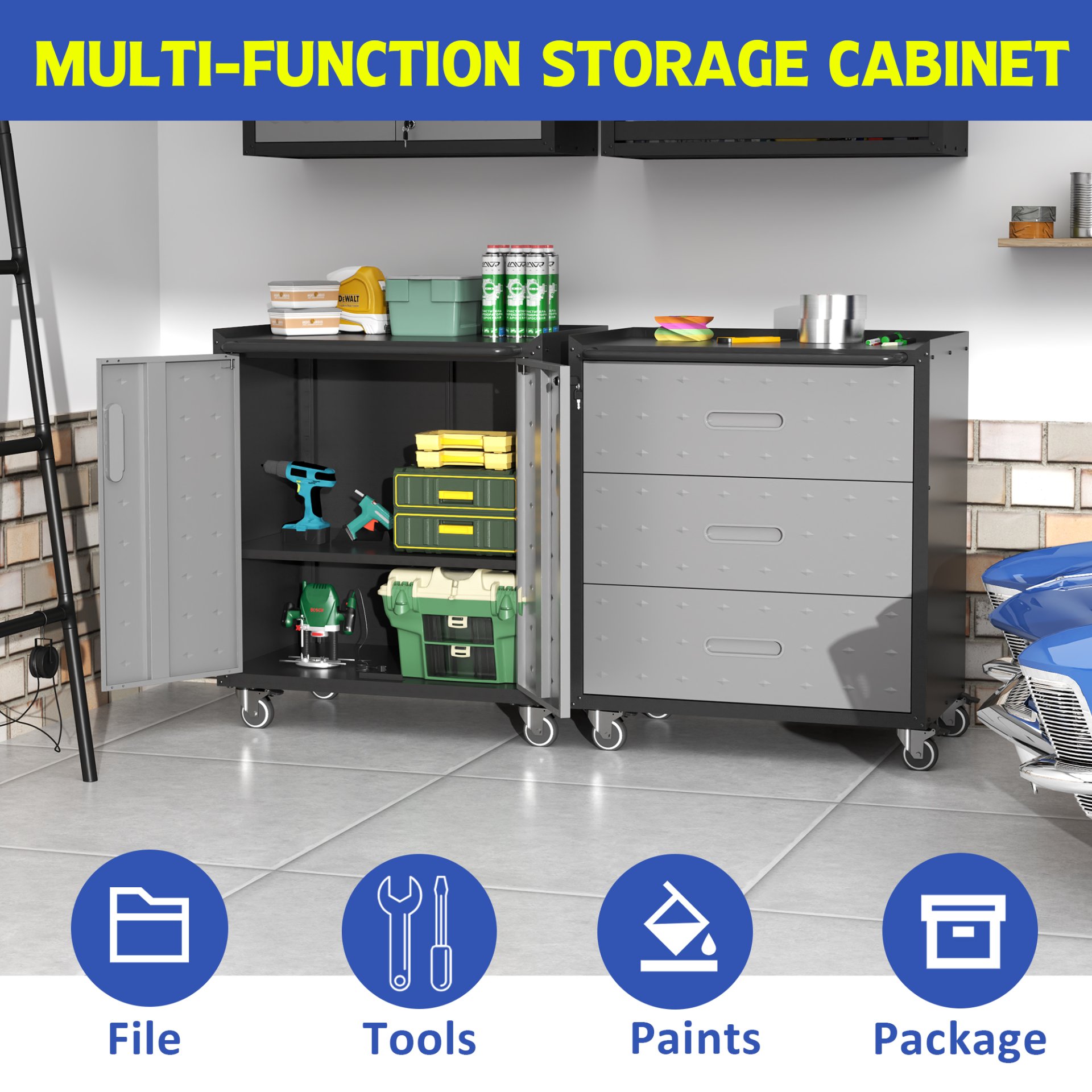 Heavy Duty Metal Storage Cabinet With Wheels 3 Drawer Tool Cabinet For Garage, Office, And Home Organizer Solutions - Black - Image 11