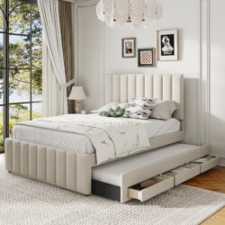 Full Size Upholstered Platform Bed With Twin Size Trundle And 3 Drawers - Beige
