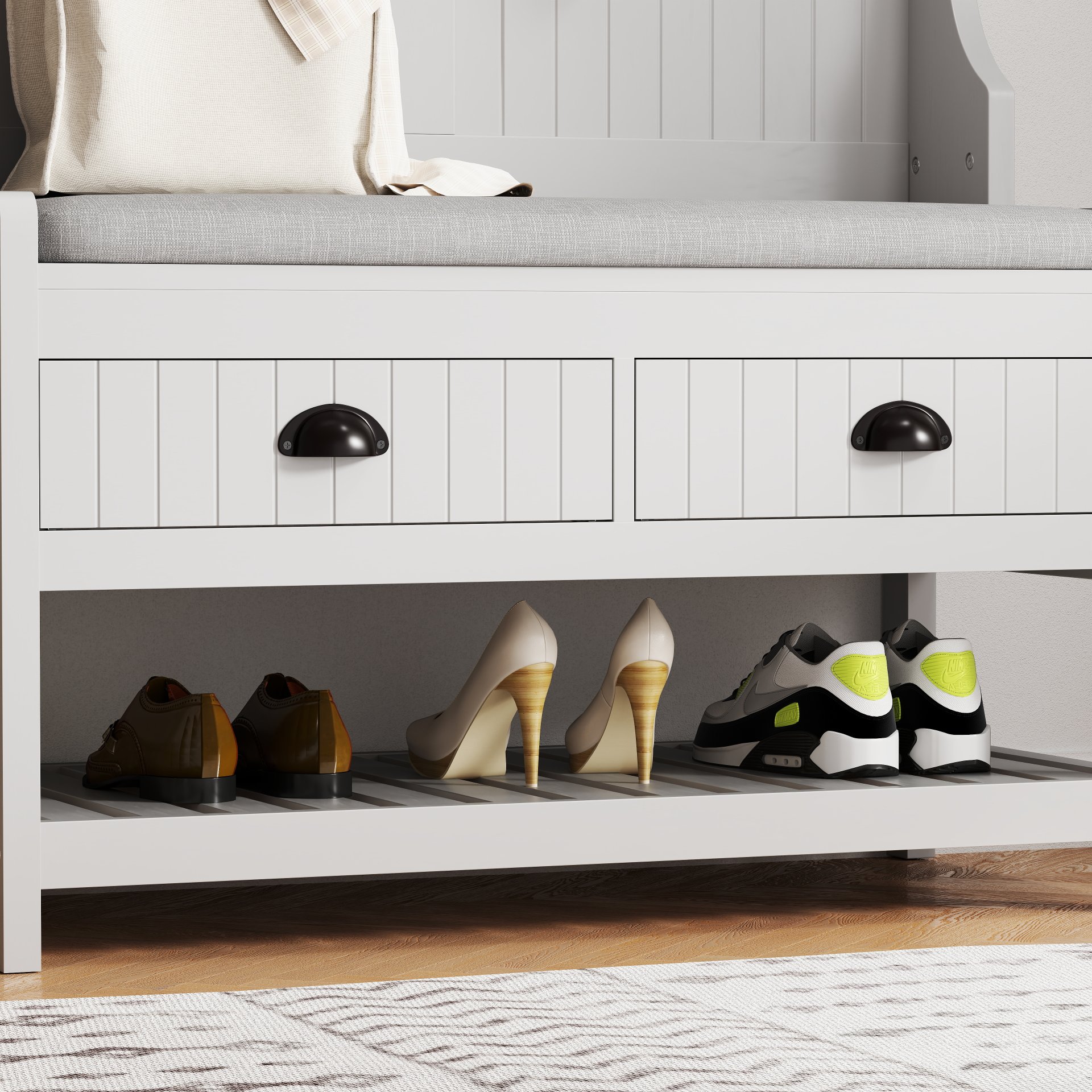 Modern 3 In 1 Hallway Hall Tree With Storage Drawers, Coat Rack, Shoe Rack Bench, And Cushion - Gray - Image 9