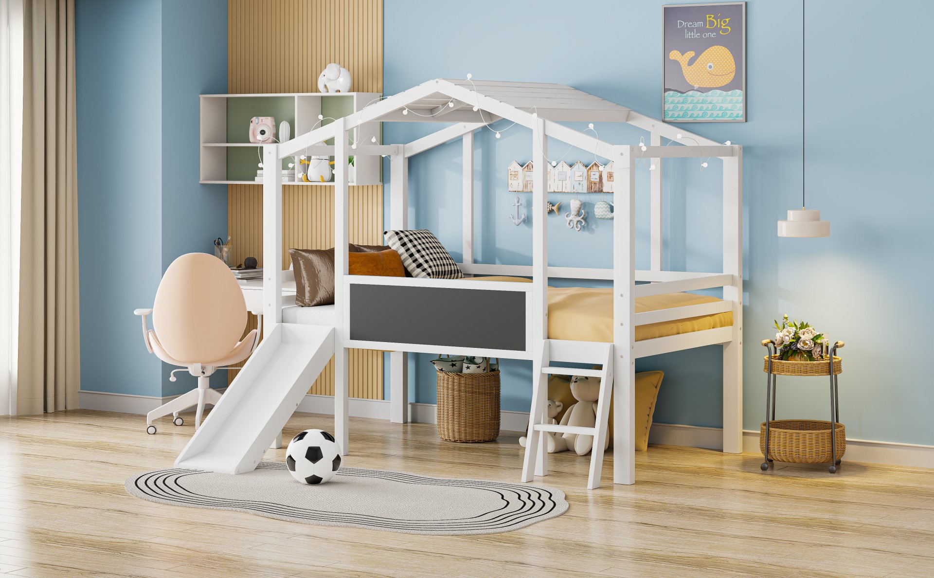 Twin Size Loft House Bed With Ladder And Slide, With Blackboard And Light Strip On The Roof - White - Image 18