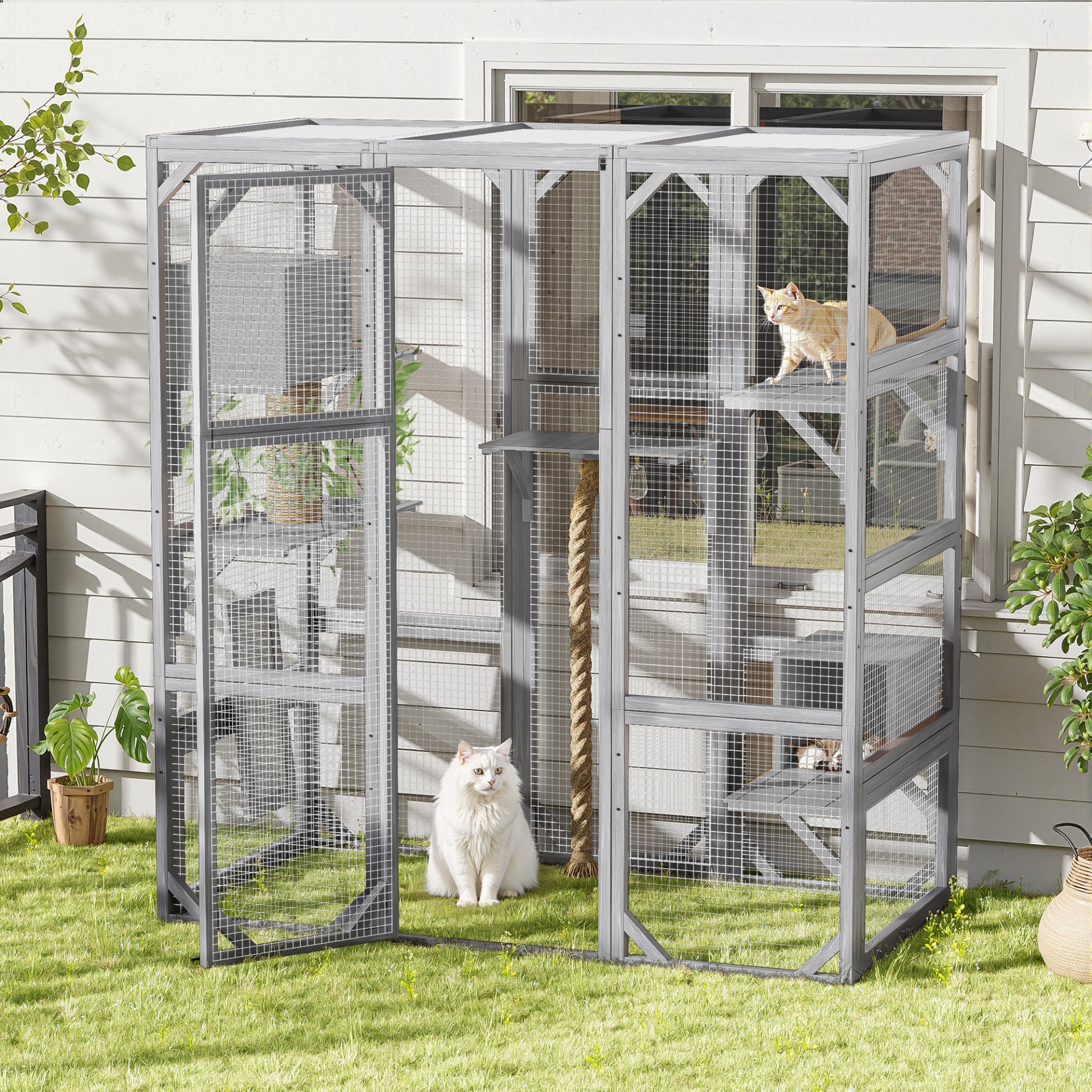 Outdoor Cat House, Diy Cat Enclosure Catio With Double Enter Doors - Light Gray - Image 3