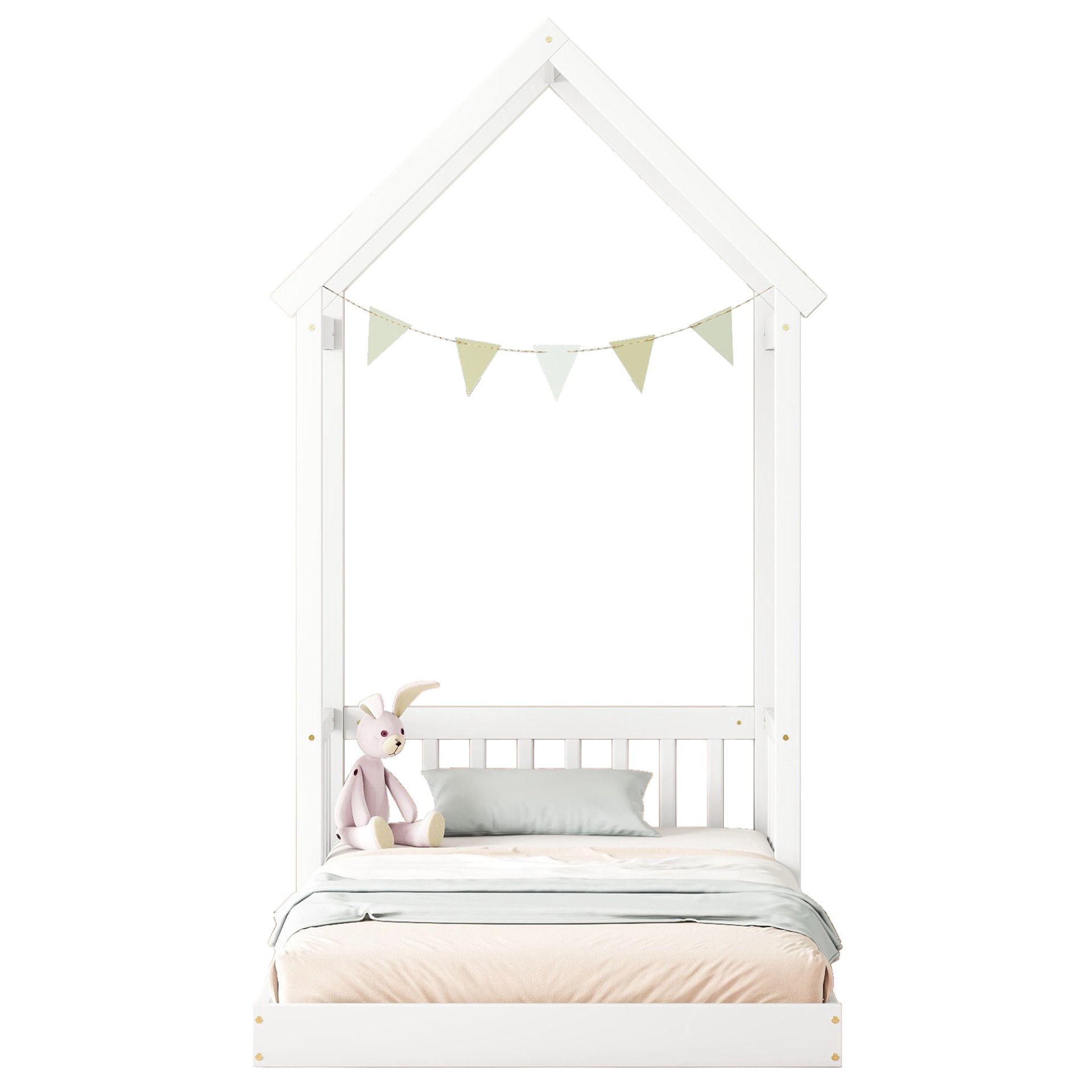 Twin House-Shaped Roof Headboard Floor Bed, (Without Slats) - White - Image 13