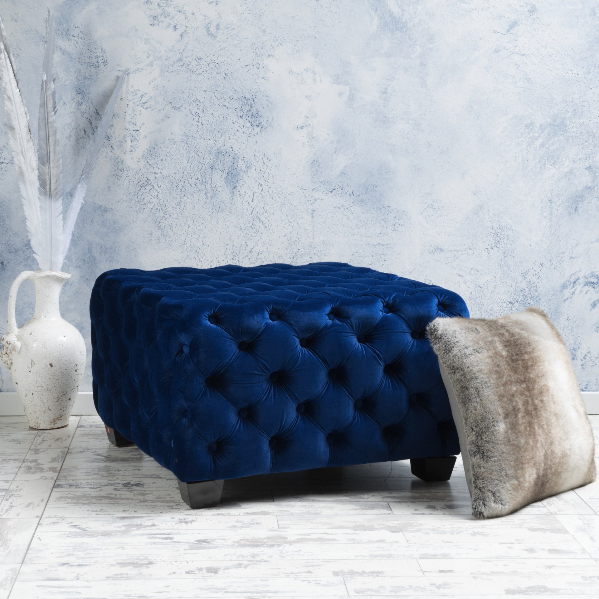 Modern Glam Ottoman With Velvet Upholstery And Button Tufted Design - Navy Blue - Image 4