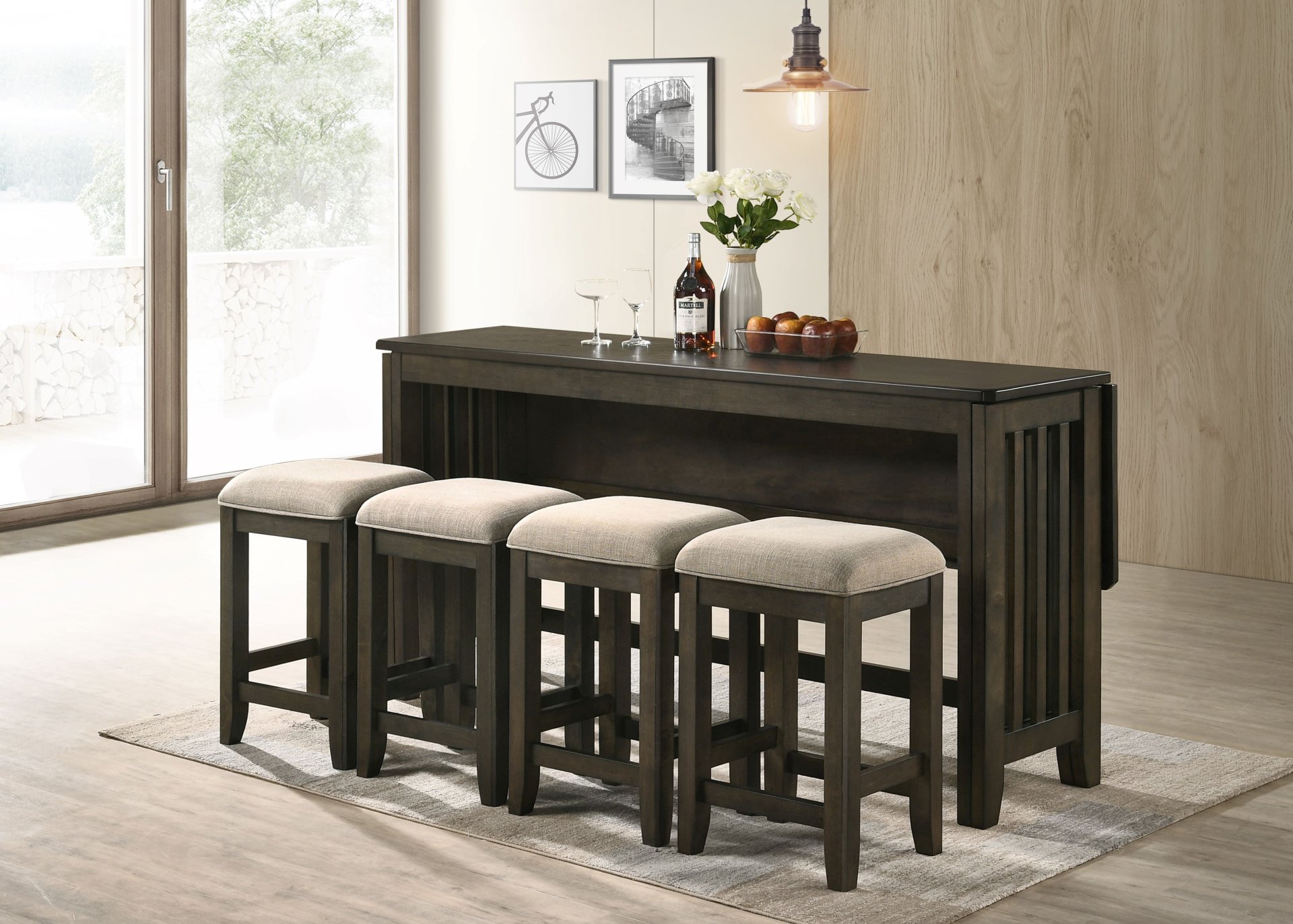 Drop Leaf Table & 4 Stools - Dark Brown - Image 5