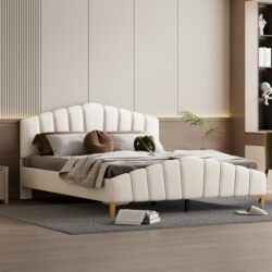 Queen Size Platform Bed With Thick, Stylish Stripe Decorated Bedboard And Elegant Leg - Beige