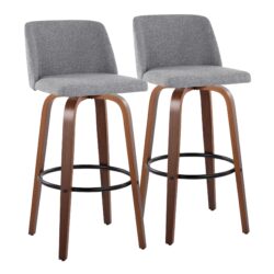 Toriano - Mid-Century Modern Fixed Height Barstool With Swivel And Round Footrest (Set of 2) - Walnut / Gray