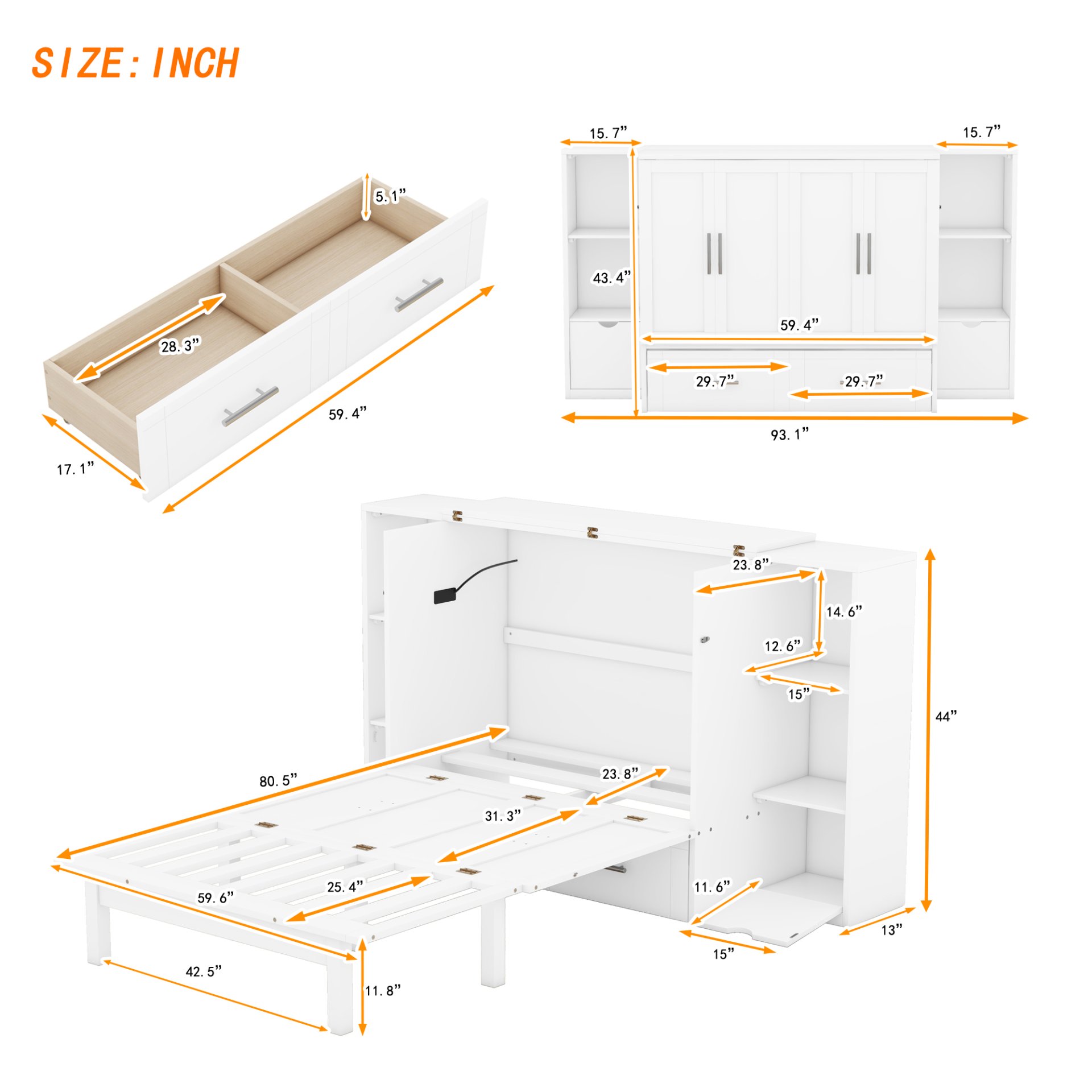 Queen Size Murphy Bed With Shelves, Drawers And USB Ports - White - Image 10