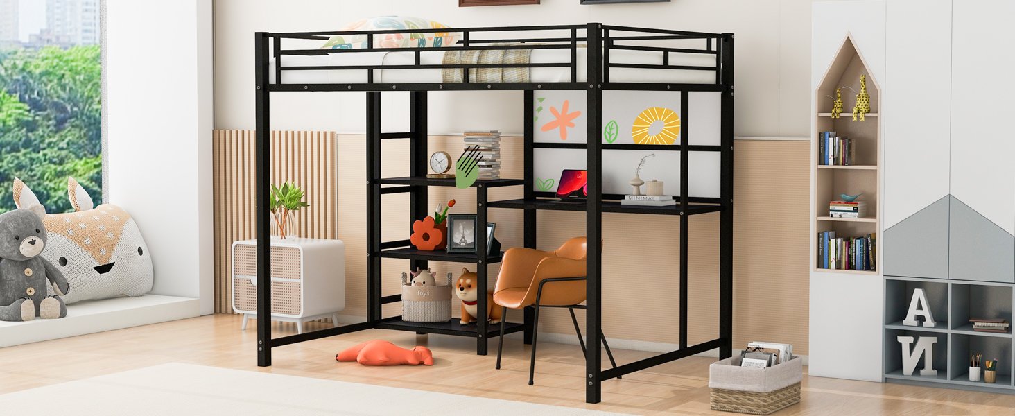 Full Size Loft Bed With Desk And Whiteboard, With 3 Shelves And Ladder - Black - Image 13