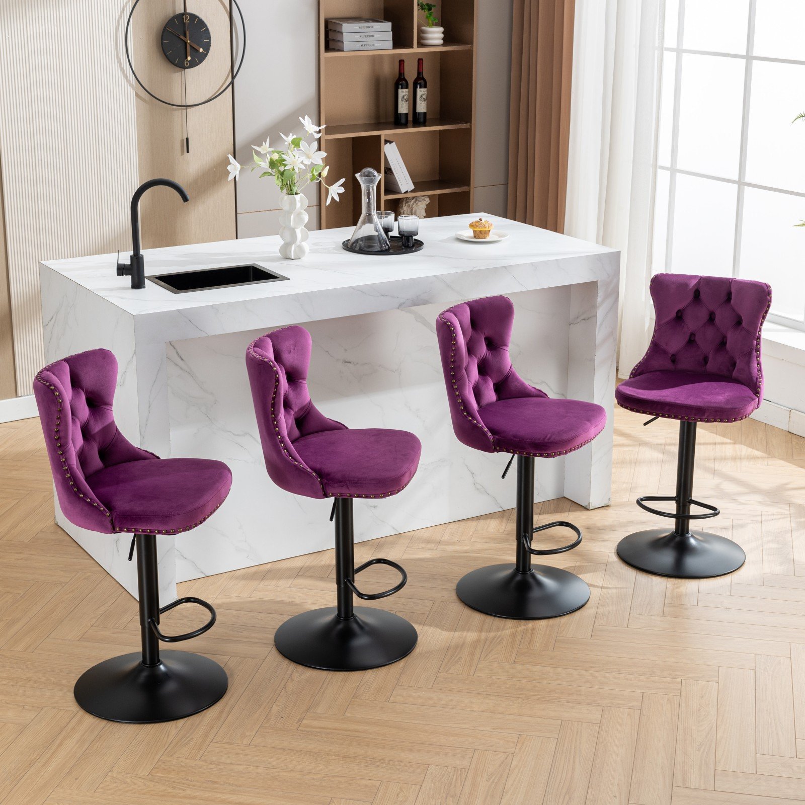 Swivel Velvet Barstools Adjusatble Seat Height, Modern Upholstered Bar Stools With Backs Comfortable Tufted For Home Pub And Kitchen Island (Set of 2) - Purple - Image 20