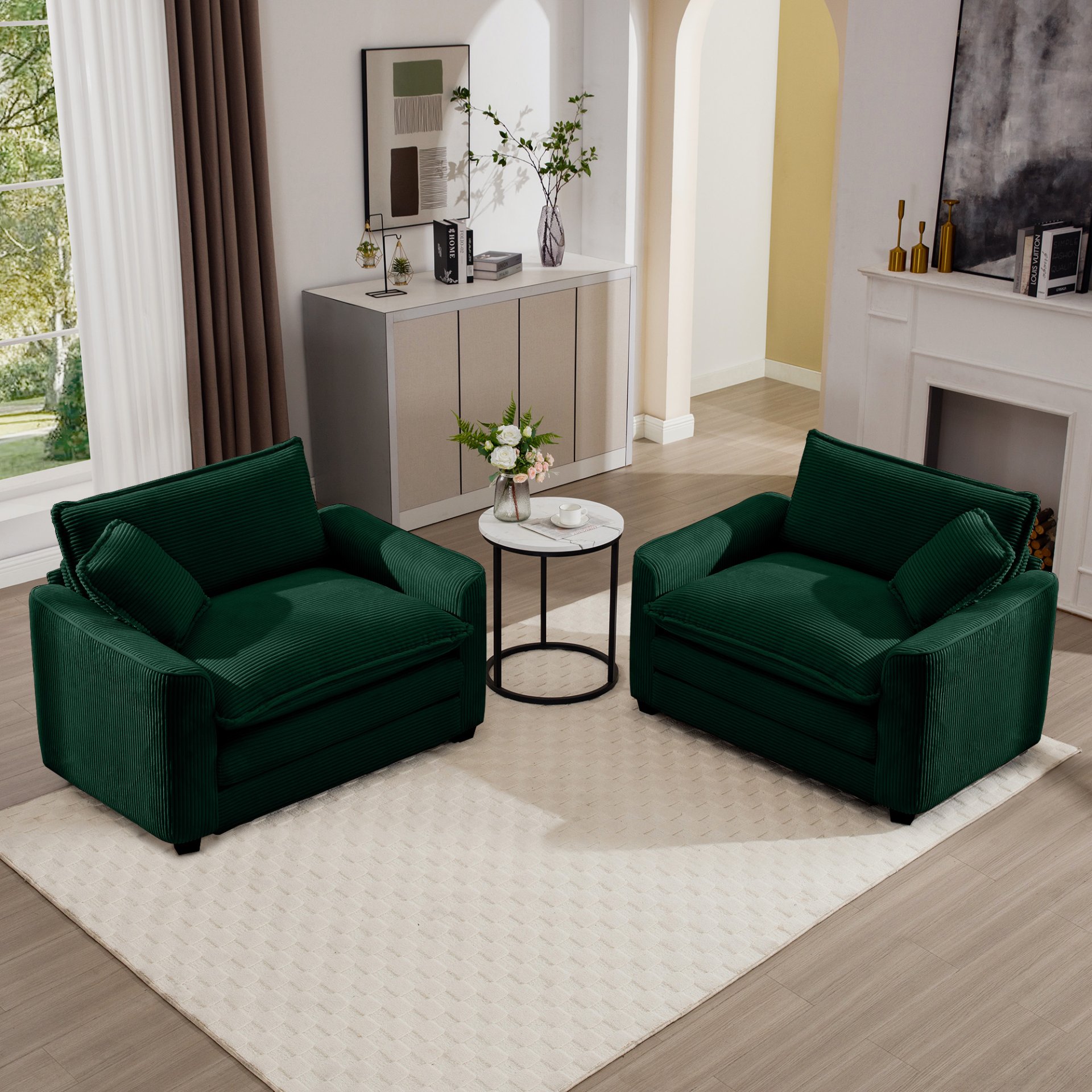 Luxurious Deep Seated Sofa Set With 2 Single Chairs Corduroy Fabric For Bedroom And Office - Green - Image 12