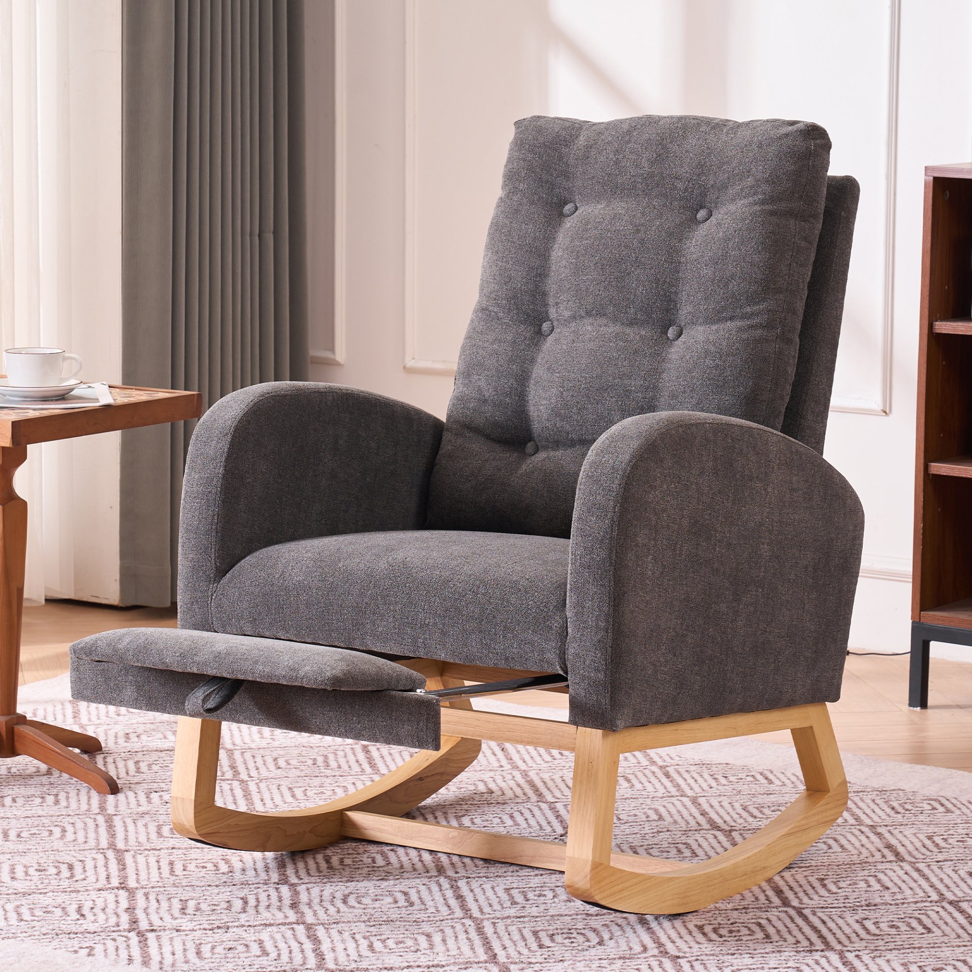 Accent Rocking Chair With Footrest High Back Rubber Wood Rocking Legs Bedroom Living Space - Gray - Image 12