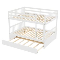 Full Over Full Bunk Bed With Trundle, Convertible To 2 Full Size Platform Bed, Full Size Bunk Bed With Ladder And Safety Rails For Kids, Teens, Adults - White