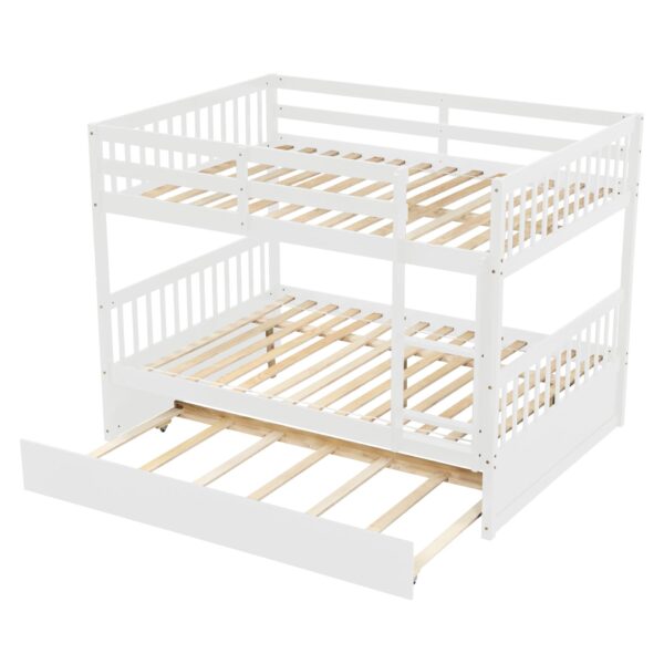 Full Over Full Bunk Bed With Trundle, Convertible To 2 Full Size Platform Bed, Full Size Bunk Bed With Ladder And Safety Rails For Kids, Teens, Adults - White