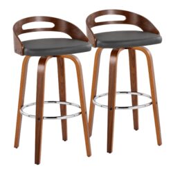 Cassis - Mid-Century Modern Fixed Height Barstool With Swivel With Round Footrest (Set of 2) - Walnut / Gray