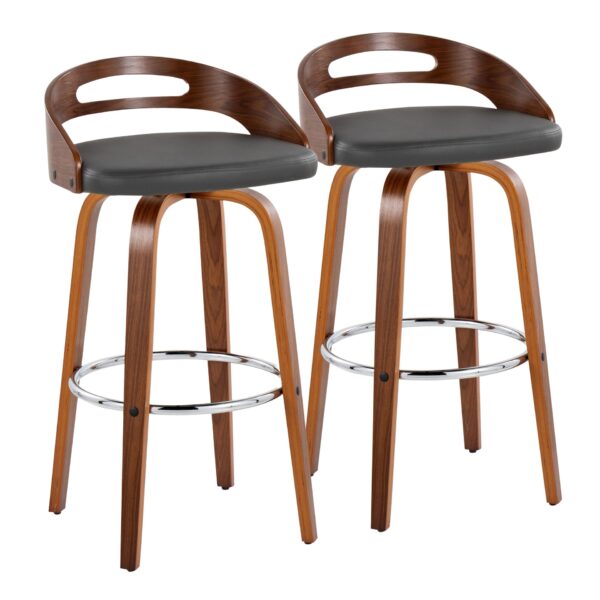 Cassis - Mid-Century Modern Fixed Height Barstool With Swivel With Round Footrest (Set of 2) - Walnut / Gray