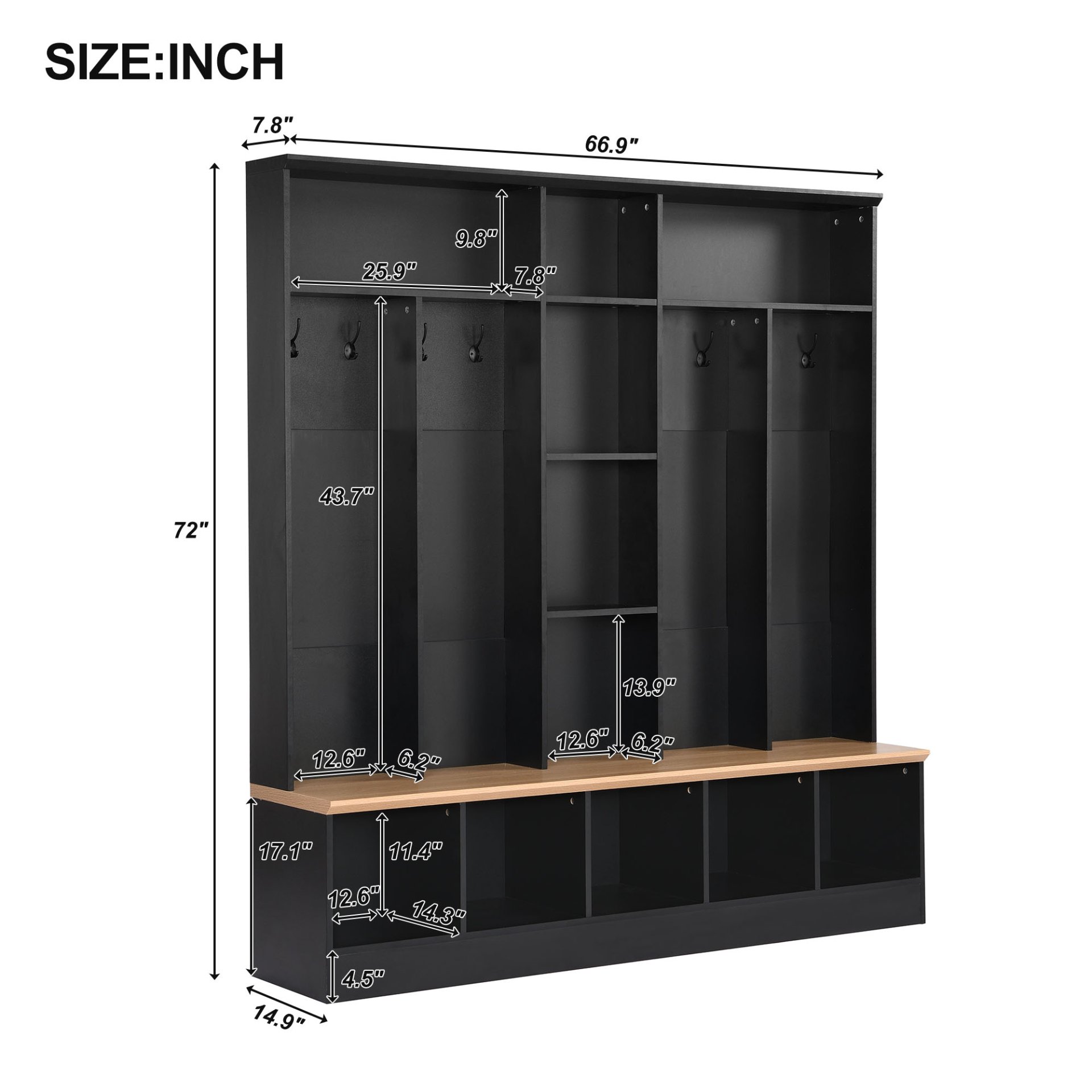 Wide Design Hall Tree With Storage Bench, Minimalist Shoe Cabinet With Cube Storage & Shelves, Multifunctional Coat Rack With 8 Hooks For Entryways, Mudroom - Black - Image 3