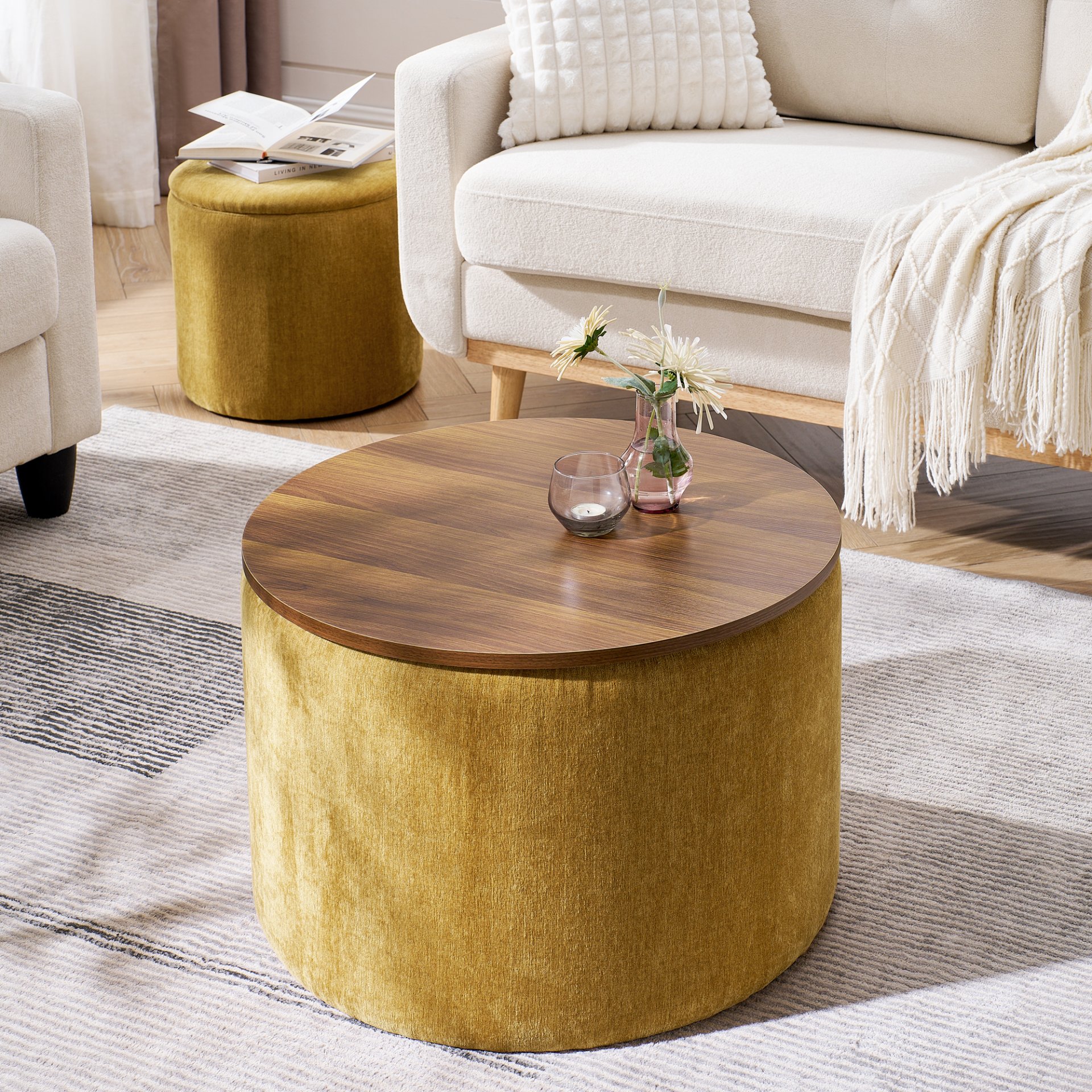 Classic Chenille Storage Ottoman Set With Drum Shaped Stool And Panel - Dark Yellow - Image 4