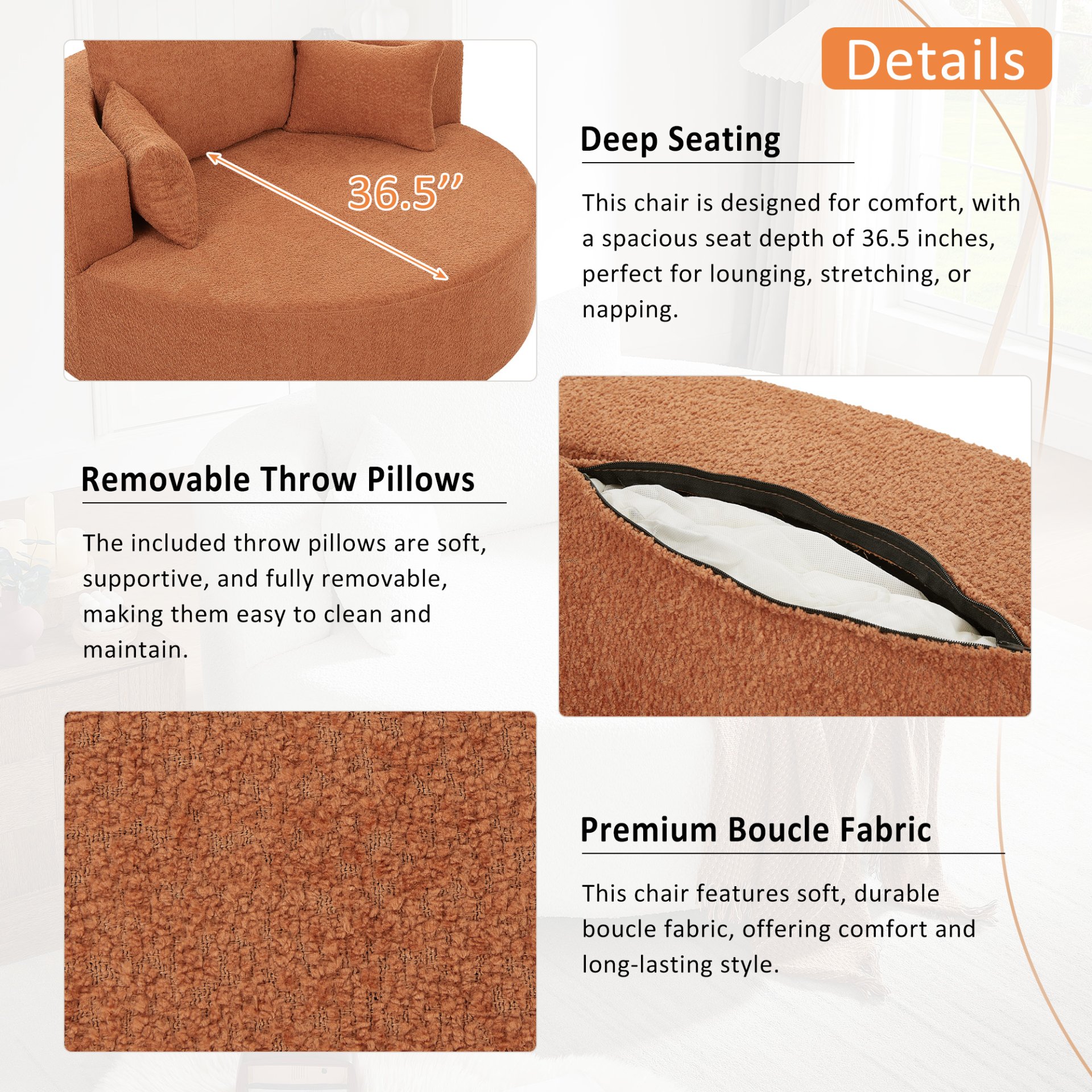 360° Swivel Chair Accent Barrel Chair Swivel Round Sofa Chair With 3 Removable Pillows For Living Room, Office And Hotel - Orange Red - Image 7
