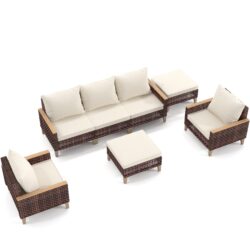 High Footed Rattan Terrace Furniture Set With Cushions, 5 Pieces, 7 Seats, Cotton And Rattan - White