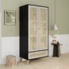 Tall Armoire Wardrobe Closet With 2 Rattan Doors & 1 Drawer, Boho Clothes Storage Cabinet With Hanging Rod For Bedroom - Natural / Black - Image 2