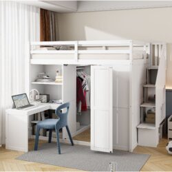 Full Size Loft Bed With Wardrobe, Desk And Shelves - White