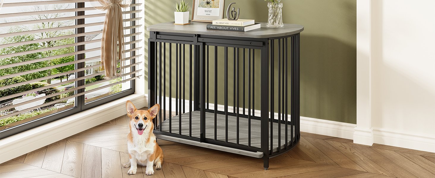 Furniture Style Dog Crate For Small And Medium Dogs, Wooden Cage Indoor Kennel Furniture, Modern Dog Crate End Table With Double Doors - Gray - Image 8