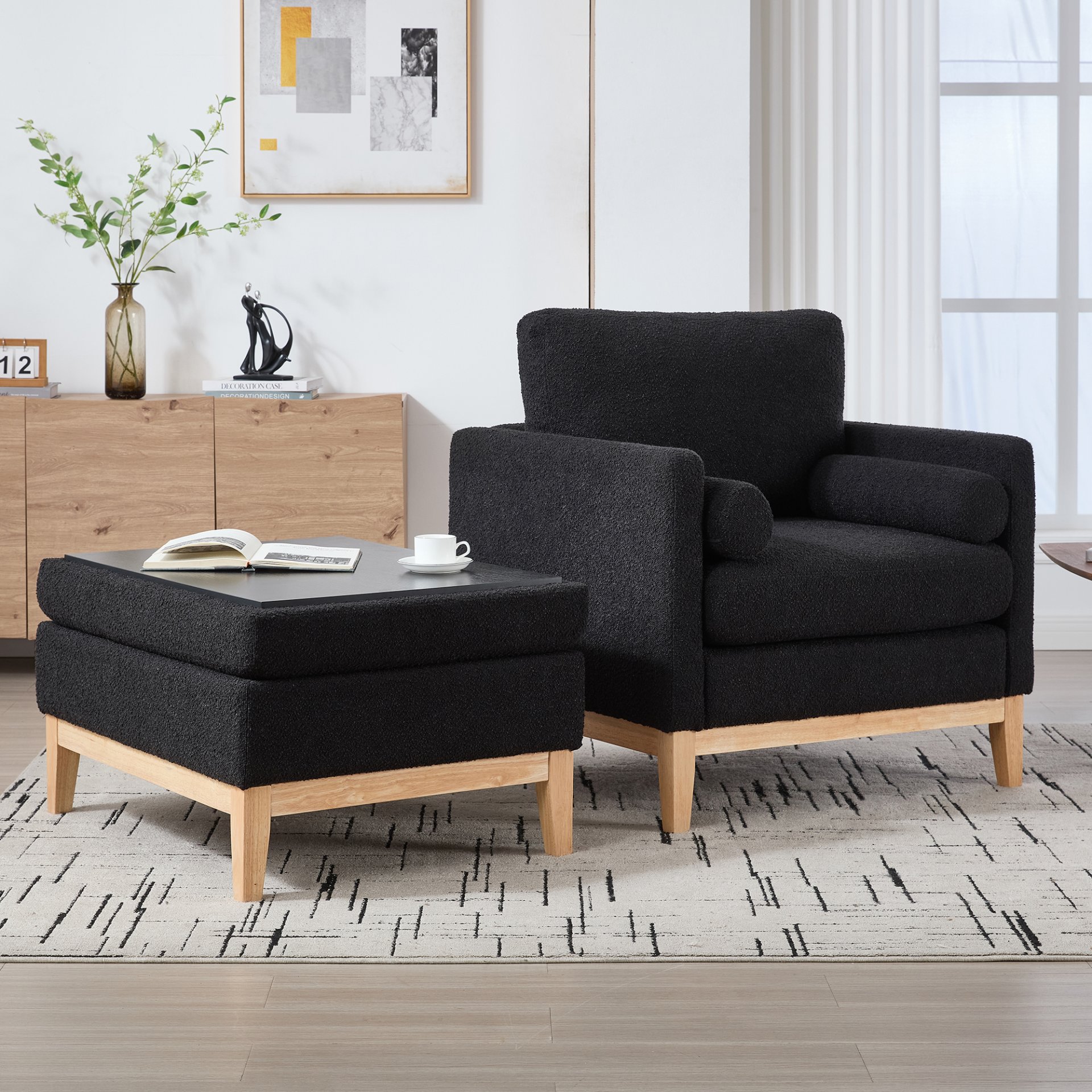 Farmhouse Upholstered Accent Chair With Ottoman Wood Base, Reversible Lid Coffee Table For Living Room - Black - Image 7