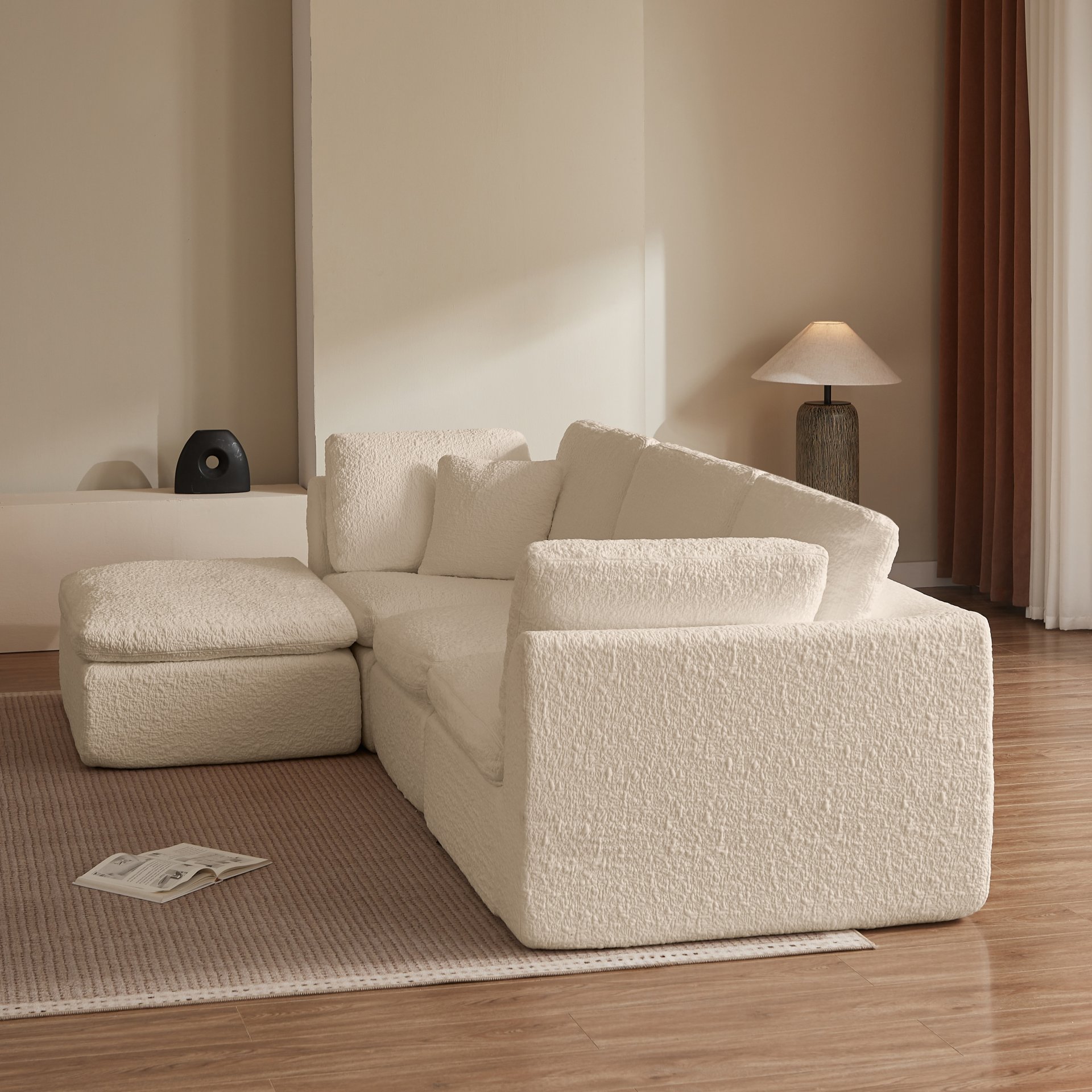 Cloud L Shape Modular Sectional Sofa With Ottoman, 3 Seater Convertible Couch - Beige - Image 8