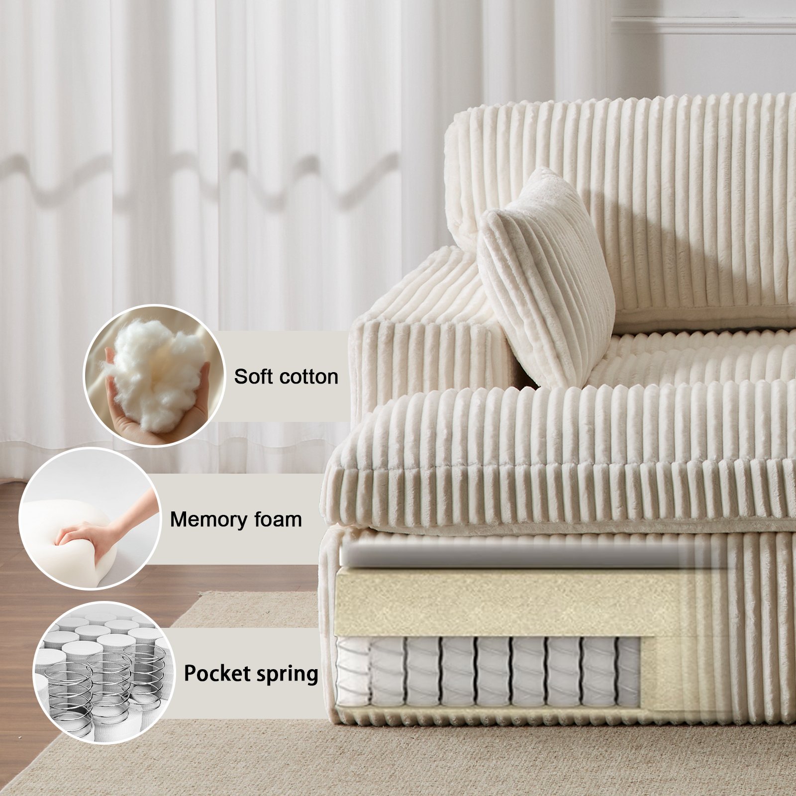 Double Chaise Lounge Chair Indoor, Oversized Upholstered Sleeper Cloud Couch, Deep Seat Sofa Bed - White - Image 7