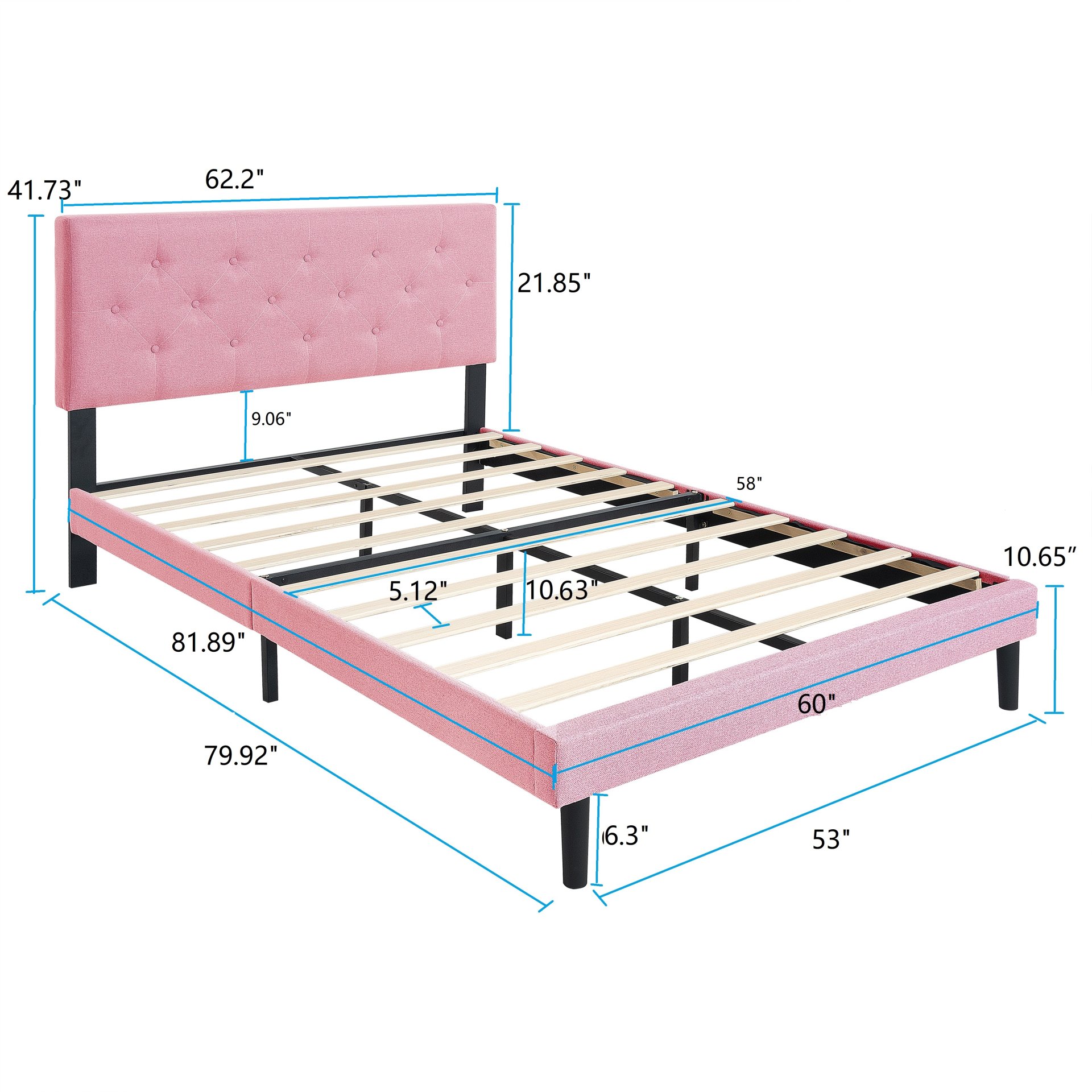 Modern Upholstered Queen Size Platform Bed Frame With Button Tufted Linen Headboard - Pink - Image 3