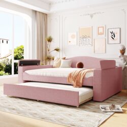 Full Size Upholstered Daybed With Storage Armrests, Trundle And Latest Integrated Bluetooth Audio System, Teddy Fleece - Pink