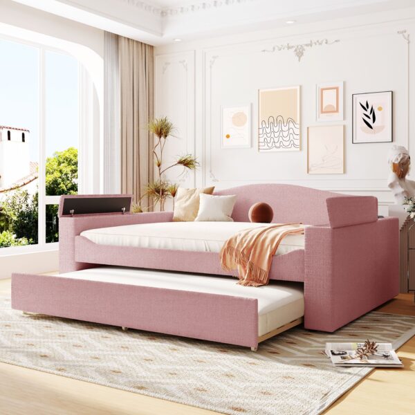 Full Size Upholstered Daybed With Storage Armrests, Trundle And Latest Integrated Bluetooth Audio System, Teddy Fleece - Pink