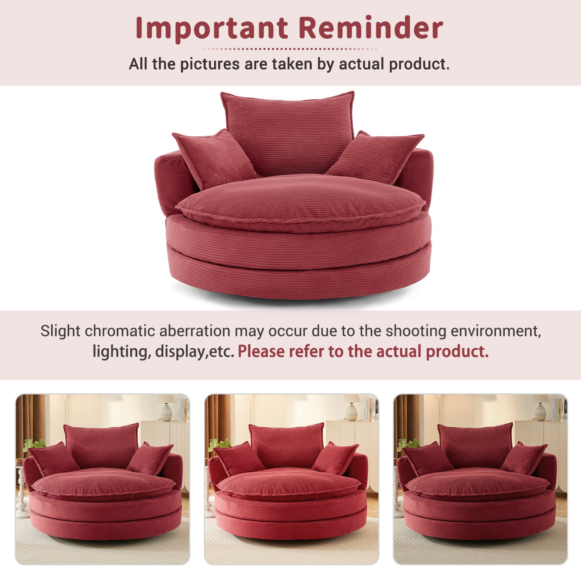 360° Swivel Sofa Chair Accent Barrel Chair With Dual Layer Cushion And Removable Pillows - Red - Image 8