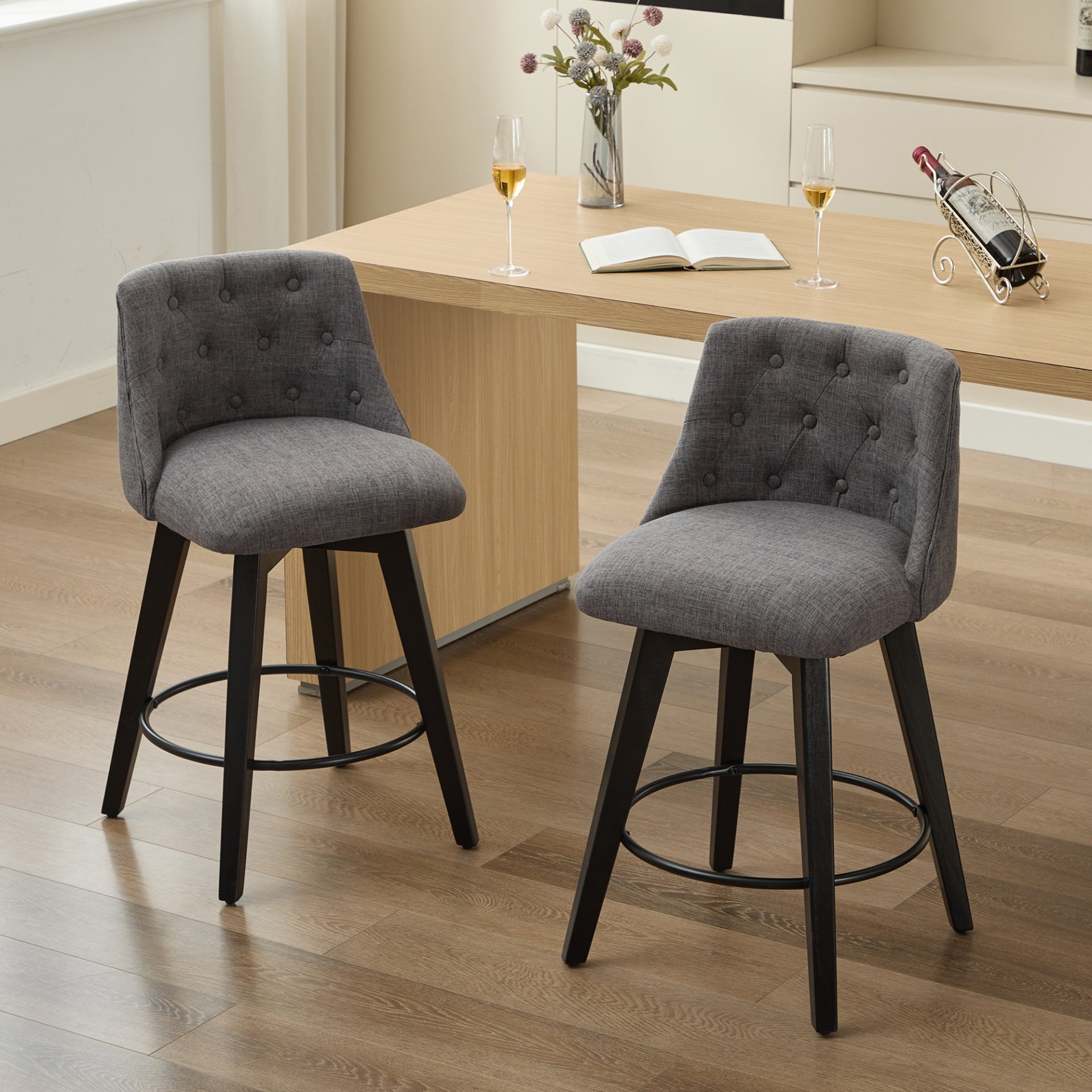 Swivel Bar Stools (Set of 2) Modern Counter Height Stools With Linen Upholstery & Button Tufted Back For Kitchen Island, Breakfast Bar Or Home Pub - Dark Gray - Image 2
