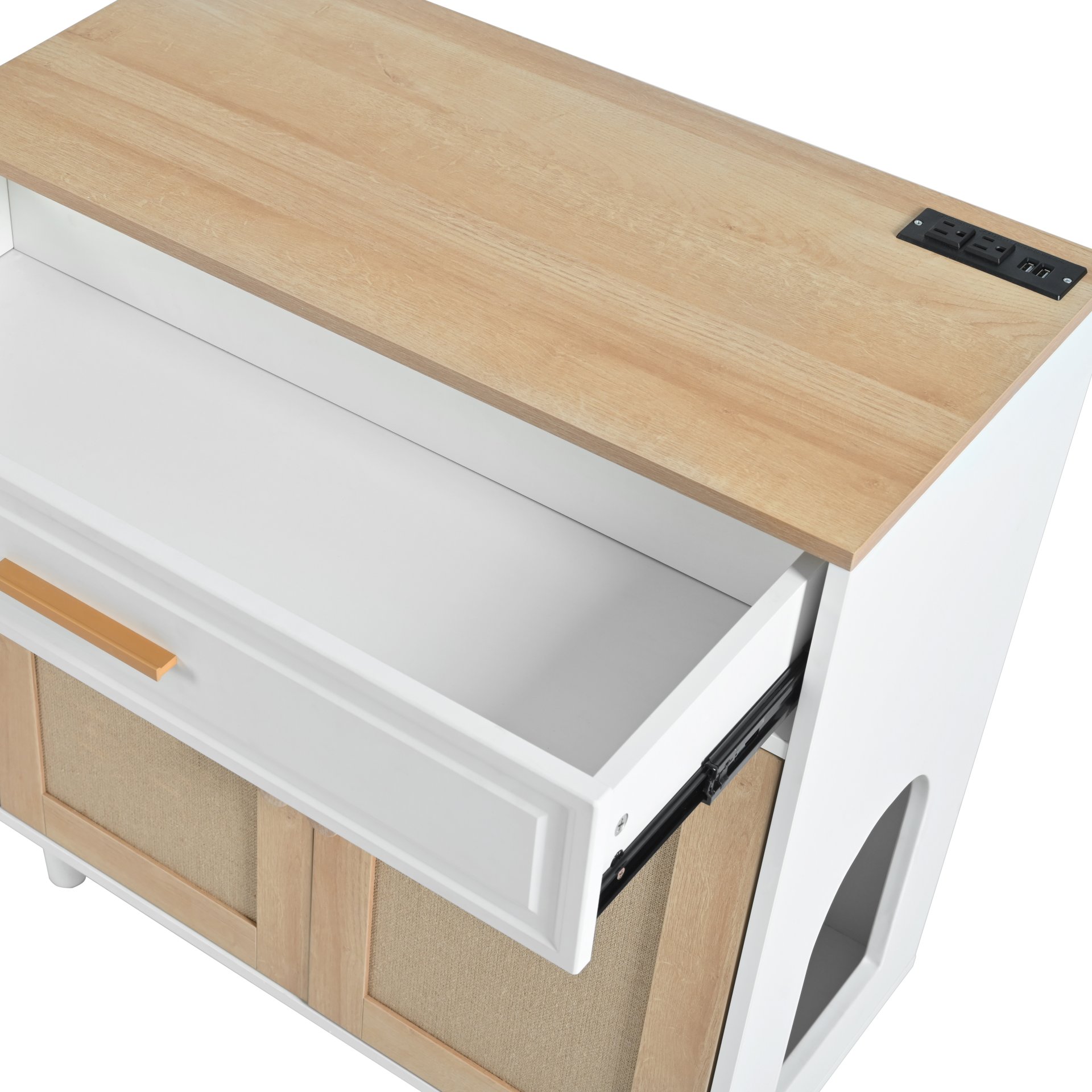 Pet Friendly Furniture Style Cat Litter Box House With Sisal Scratching Door And Charging Socket - Beige / White - Image 20