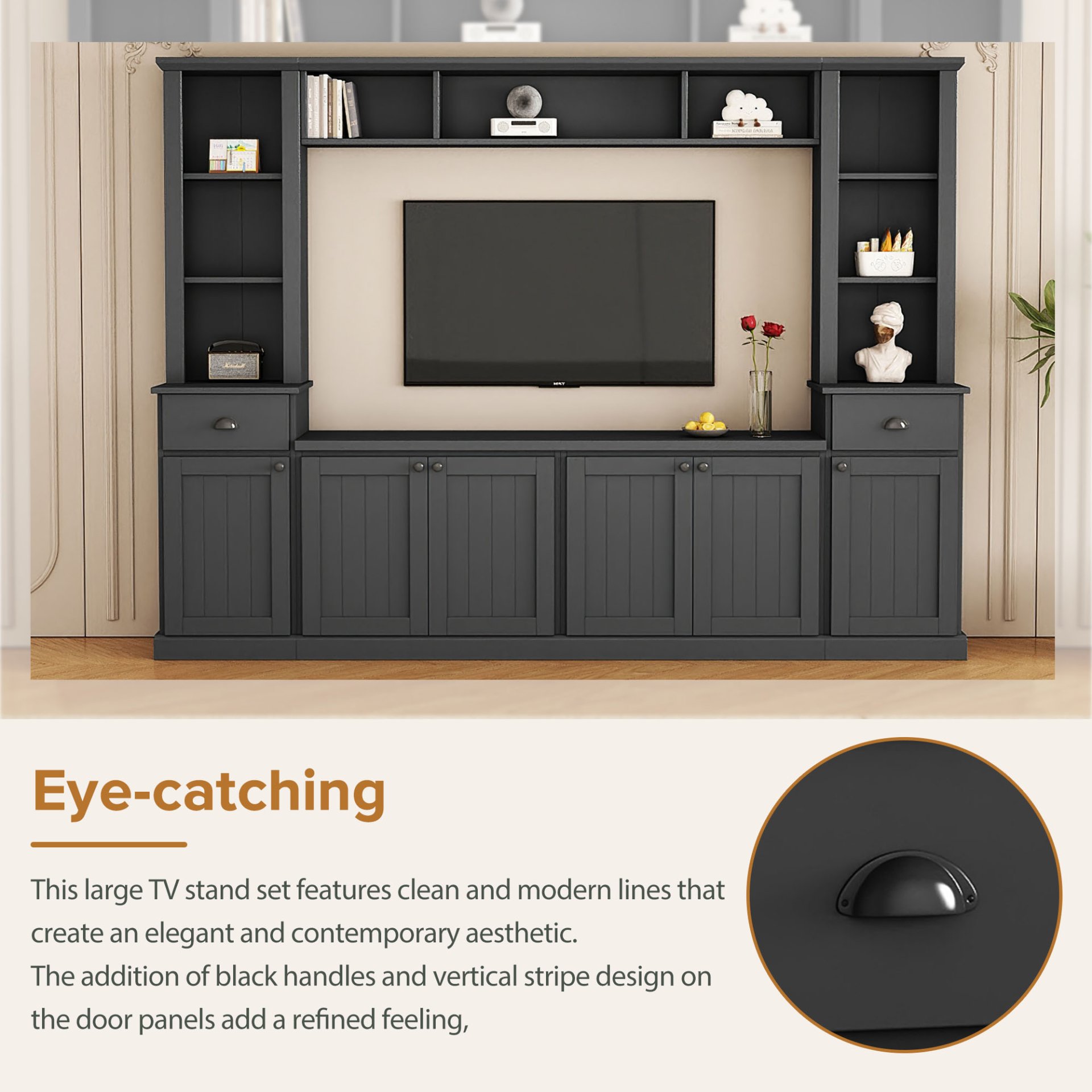 Minimalist - Entertainment Wall Unit Set With Bridge For TVs Up To 75", Ample Storage Space TV Stand With Adjustable Shelves - Black - Image 7