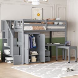 Twin Size Loft Bed With Stairs, Bookshelf, Drawers, Desk & Wardrobe, Space Saving Multifunctional Furniture - Gray