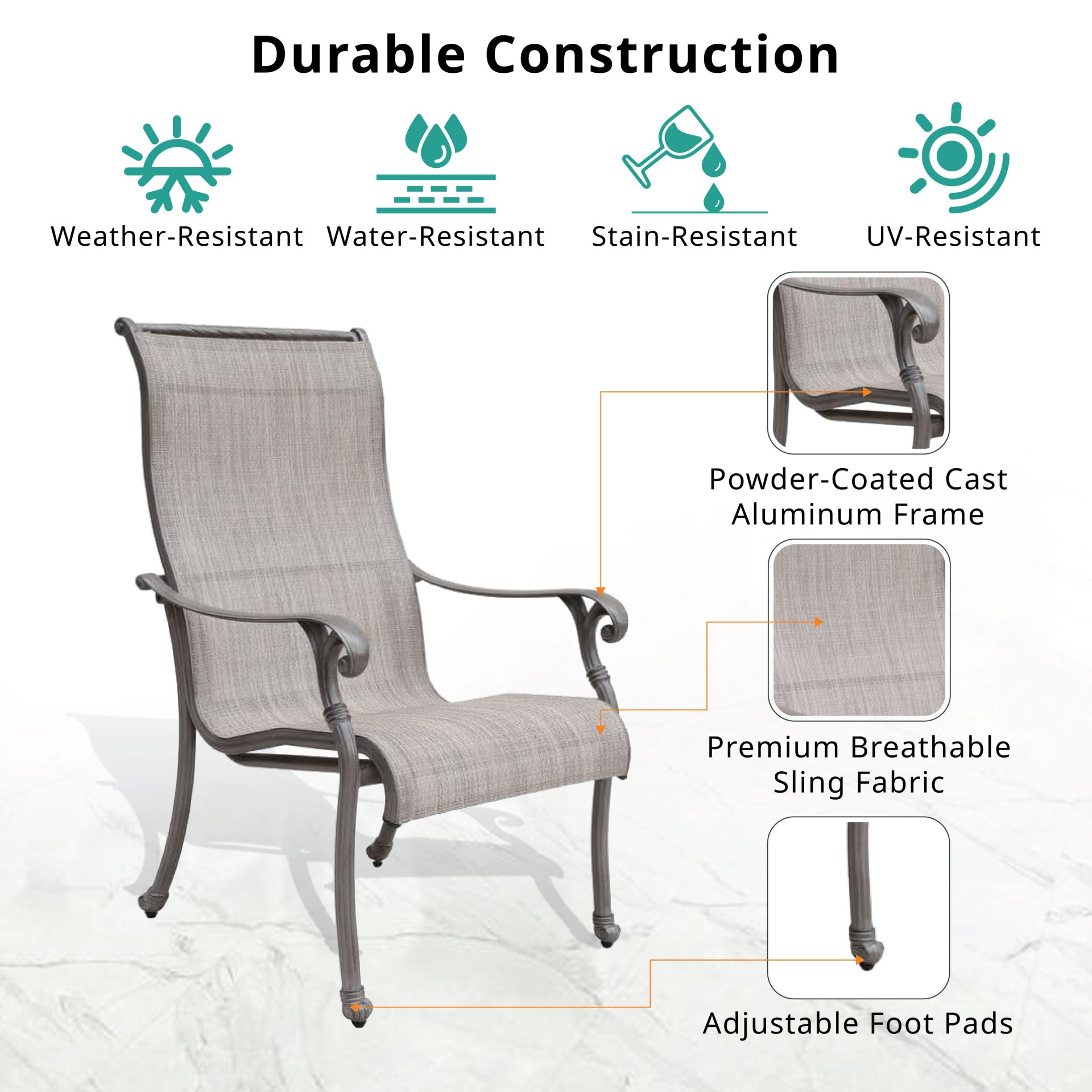 Outdoor All-Weather Sling Dining Chairs (Set of 2) - Gray - Image 8