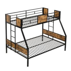 Modern Twin Over Full Metal Bunk Bed With Side Ladders And Guardrail - Black / Brown]