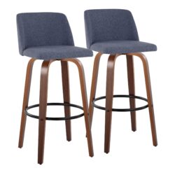 Toriano - Mid-Century Modern Fixed Height Barstool With Swivel With Round Footrest (Set of 2) - Walnut / Blue