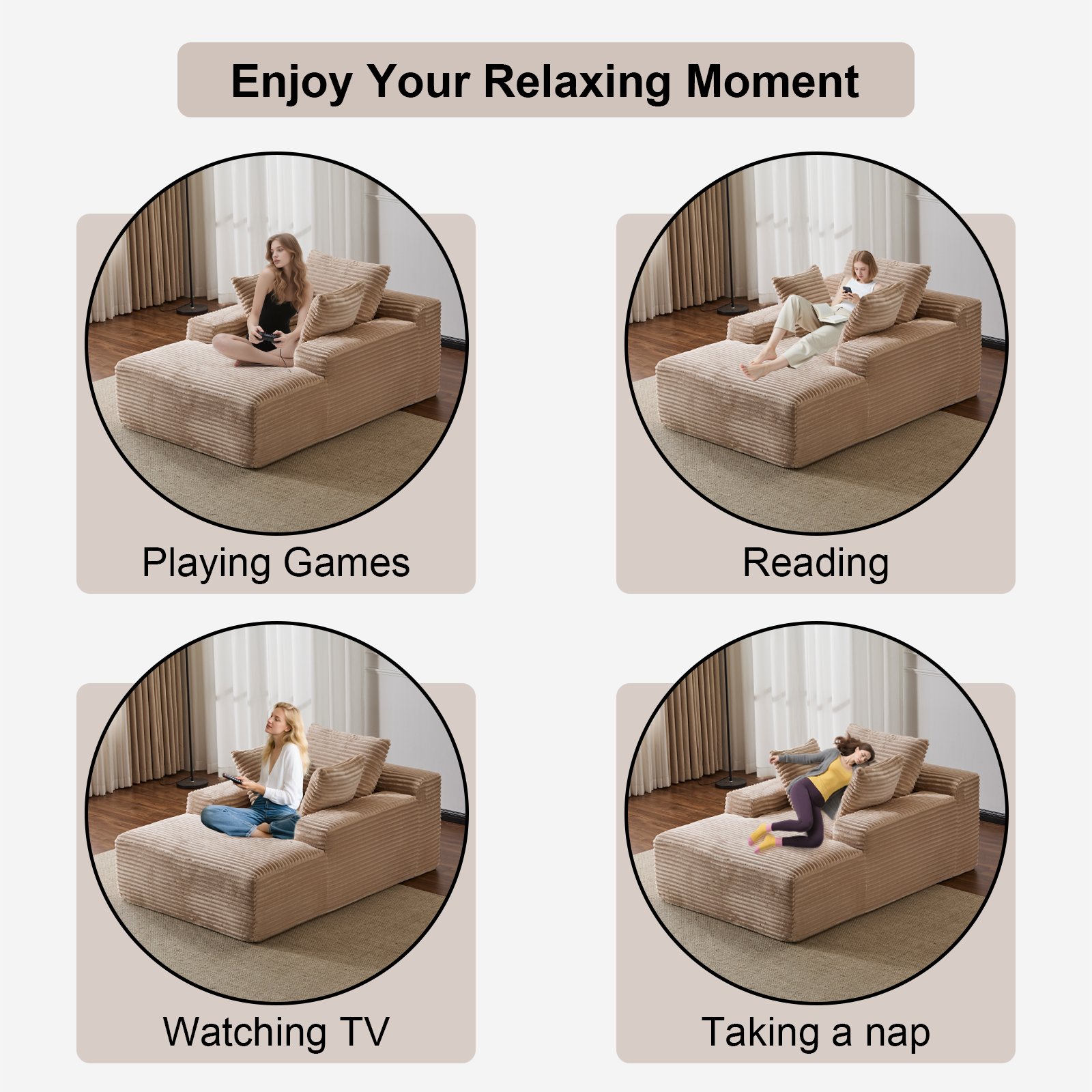 Oversized Chaise Lounge Chair Cozy Cloud Couch, Plush Corduroy Upholstered Sleeper Sofa Daybed With 3 Throw Pillows And Wide Armrest For Living Room - Beige - Image 5